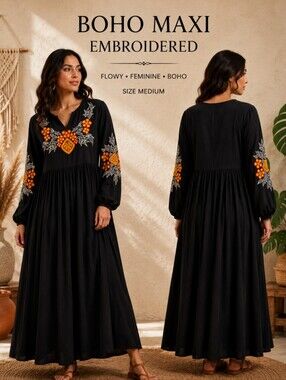 BNSQ Embroidered Boho Maxi Dress Black Floral Long Sleeve Peasant Size Medium